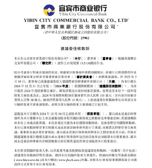 宜宾银行:委任章欣及黄崇颖为非执行董事的议案均已获股东批准 - 今题网