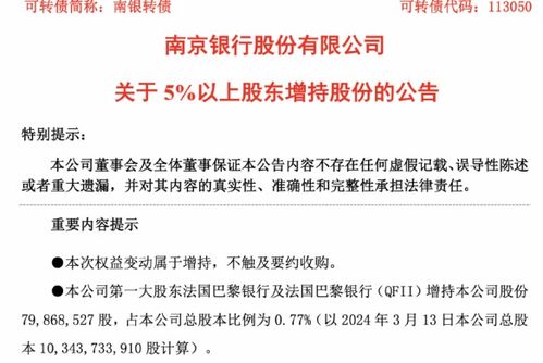 南京银行:法国巴黎银行(QFII)增持1.08亿股 南京银行:法国巴黎银行(QFII)增持1.08亿股