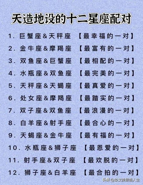 哪些星座配对率100:12星座中哪些组合被预言为天生绝配?揭秘宇宙级默契星座配对表 哪些星座配对率100:12星座中哪些组合被预言为天生绝配?揭秘宇宙级默契星座配对表