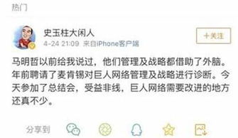 巨人网络回应前CEO离职:核心向史玉柱汇报,规避内耗、大公司病