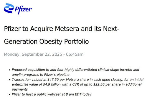 辉瑞将以100亿美元收购Metsera 结束与诺和诺德的竞购战
